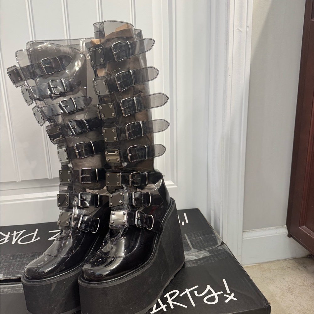 Dolls Kill Demonia Black Transparent Buckle Platforms